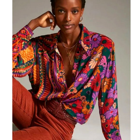 Farm Rio Anthropologie S NWT Classic Button Down Shirt Floral Tropical Blouse - Picture 8 of 9